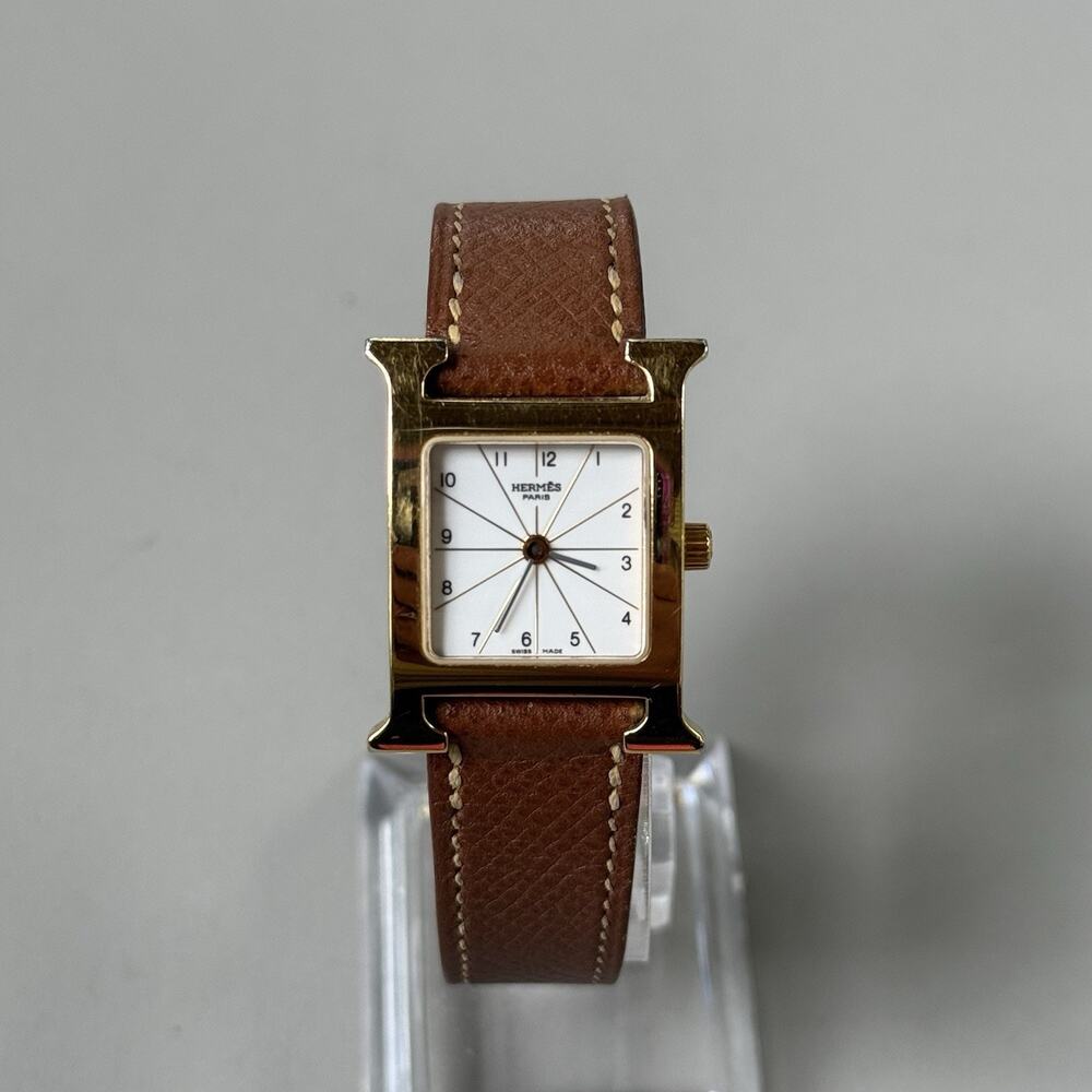 Hermes Heure H Watch 25mm Small Model Gold Epsom Brown Leather With Box Working